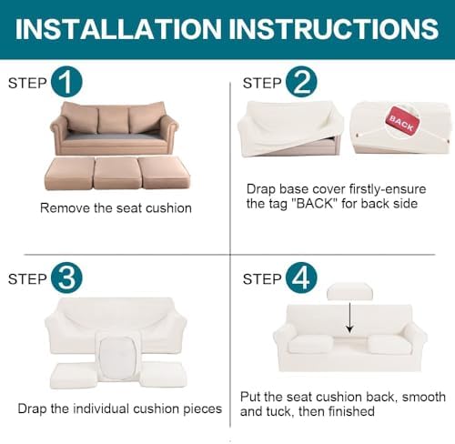 Turquoize 4 Piece Sofa Covers for 3 Cushion Couch Sofa Slipcover Soft Couch Cover for Dogs Washable Furniture Cover with 3 Individual Large Cushion Covers Feature Fabric (Large Sofa, Porcelain White)