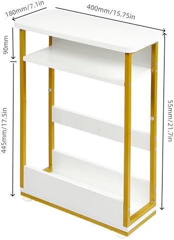 Narrow Side Table,3-Tier Slim End Table with Storage Shelf,Modern Sofa Table Thin Side Table for Small Spaces, Skinny Bedside Table Small Nightstand with Magazine Rack Space Saving/White+Gold