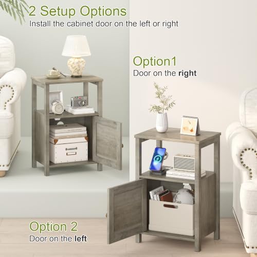 Farmhouse End Table Charging Station Barn Door & Storage Shelf Grey
