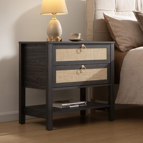 SICOTAS Rattan Nightstand Set of 2, Wide Boho Bedside Table with 2 Drawers