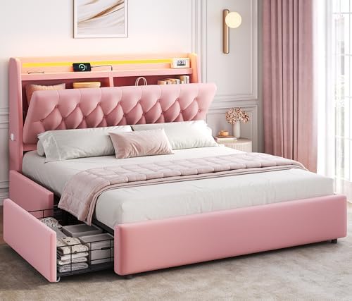 Full LED Velvet Bed Frame with 2 Storage Drawers&Hidden Headboard, Upholstered Platform Bed with Charging Station&Button Tufted Design, Wooden Slats Support, Box Spring Optional, Easy Assembly, Pink