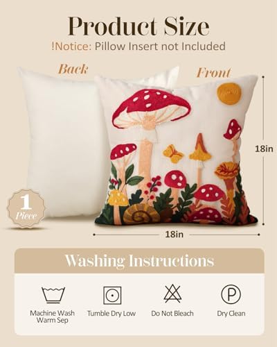 Embroidered Throw Pillow Cover 18x18 Inch, Mushroom Moon