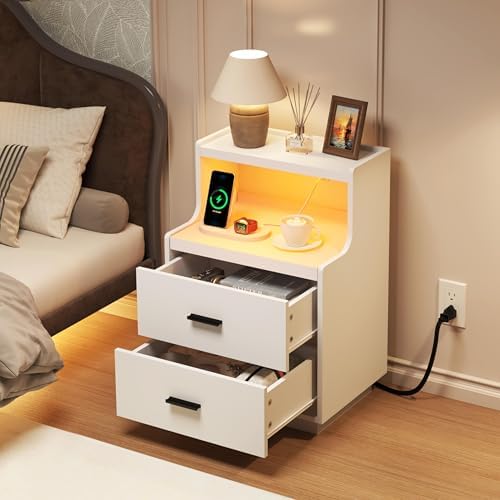 Yusong LED Nightstand Bedside Table with Charging Station 2 Drawers, Modern Sofa Couch End Side Table with LED Lights and Pull-Out Shelf for Bedroom, White