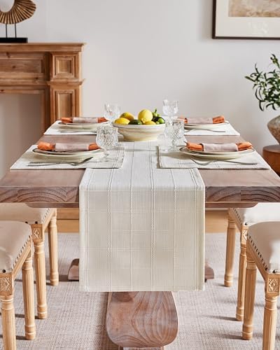 ZeeMart Linen Checked Farmhouse Table Runner, 13x48 Inches Ivory