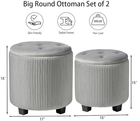 BLEXA Tufted Ottoman Set of 2 Large Round Velvet Storage Ottoman Gray