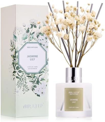 Airkeep Reed Diffuser Set, 3.38 fl oz (100 ml) - Jasmine Lily Lemon Oil Diffusers with 8 Reed Sticks, Home Fragrance Reed Diffuser for Bathroom Shelf Decor