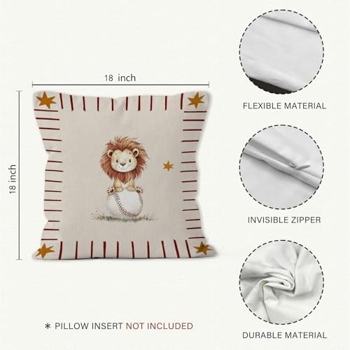Sports Animal Nursery Throw Pillow Cover 18x18, Lion Elephant Decorative Pillow Covers for Kids Toddler Boy Nursery Room Bedroom Playroom, Kids Playroom Accent Pillows Cover Pillowcases, Set of 2
