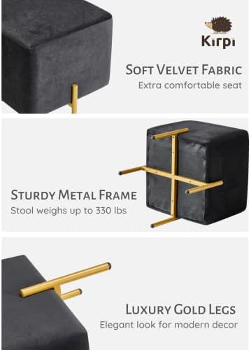 Kirpi Black Velvet Foot Stool Set of 2, Modern Luxury Vanity Ottoman Stools with Gold Legs, Cube Accent Foot Rest for Living Room Bedroom Makeup Vanity (Black)
