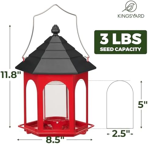 Kingsyard Metal Bird Feeder for Outdoors Hanging, 3 lbs Seed Feeder, Wild Bird Feeders for Garden Cardinal Finch Bluebird, Easy to Fill & Clean, Red
