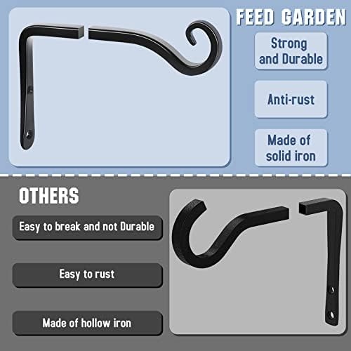 FEED GARDEN Heavy Duty Plant Hooks - 2 Pack 6 Inch Wall Mounted Hanging Brackets, 44lb Capacity Steel Plant Hangers for Bird Feeders, Baskets, Wind Chimes - Black