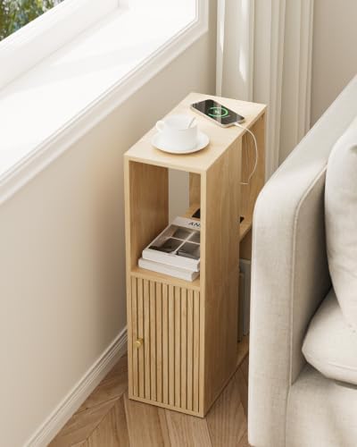 Narrow Nightstand, 7.9" Wood Nightstands with Fluted Door, Oak