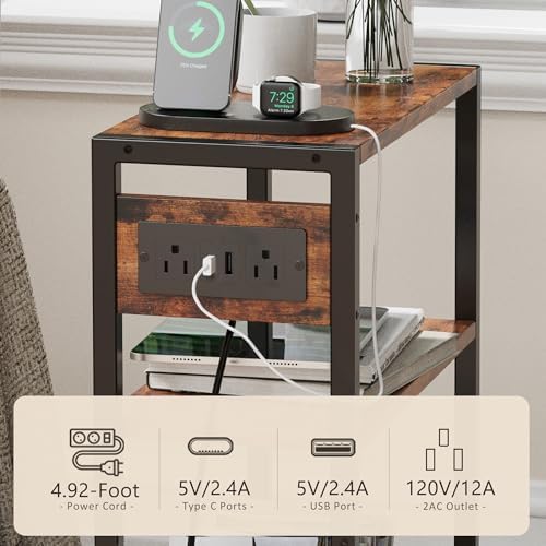End Table with Charging Station, 3-Tier Side Table for Small Space, Skinny Nightstand with USB/Type C Port and 2 Outlets, Slim Beside Table for Living Room, Bedroom, Balcony, Rustic Brown