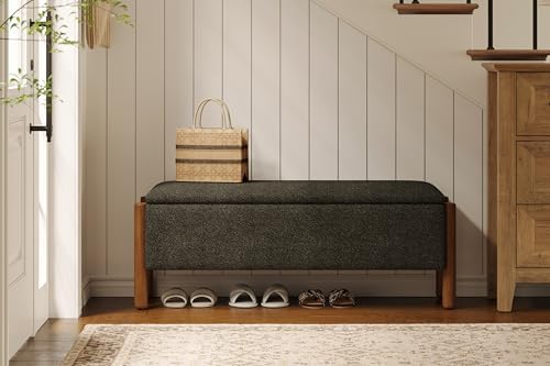 Modern Storage Benches with Walnut Wood Legs, 47'' Ottoman Bench with 20 Gallons Storage Space for Bedroom End of Bed, Fabric Upholstered Entryway Bench with Seating for Livingroom, Gray
