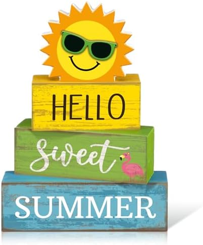Yuntau 4 Pcs Summer Tiered Tray Decor Hello Sweet Summer Wood Block Signs