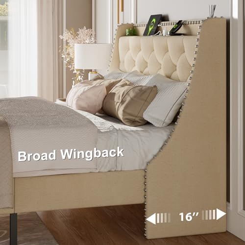 Feonase Queen Bed Frame with Luxury Wingback and Fast Charging Station,Queen Upholstered Button Tufted Storage Headboard Platform Bed,Sturdy Wooden Slats Support,Noise-Free,Easy Assembly, Beige