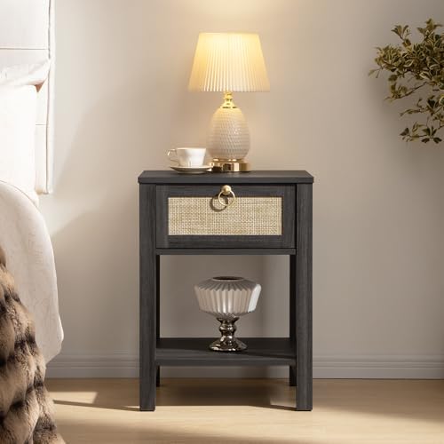 SICOTAS Rattan Nightstand with Storage Shelf, Boho Bedside Table End Table