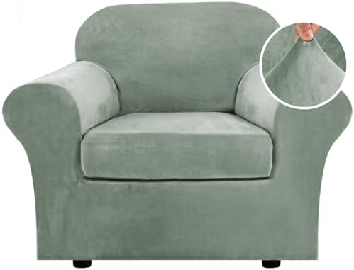 H.VERSAILTEX Rich Velvet Stretch 2 Piece Cover Chair Slipcover Sofa Cover Furniture Protector Couch Soft with Elastic Bottom Chair Couch Cover with Arms Width Up to 49 Inch(Chair, Sea Grass)