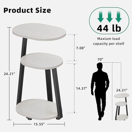 Kalrin Side Table, Small End Table with Metal Frame, 3-Tier Bedside Tables, Round Side Tables for Living Room Bedroom Couch Bathroom, Oval, White Maple