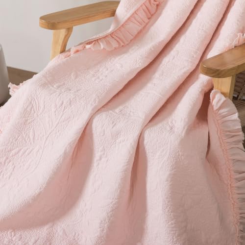 Brandream Pink Ruffled Quilted Throw Blanket Cotton 47 X 60 Chic Throw