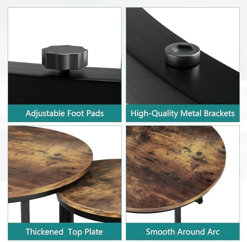 Smuxee Nesting Coffee Table Set of 2, 23.6" Round Coffee Table Rustic Wood Top with Adjustable Non-Slip Feet, Industrial End Table Side Tables for Living Room Bedroom Balcony Yard