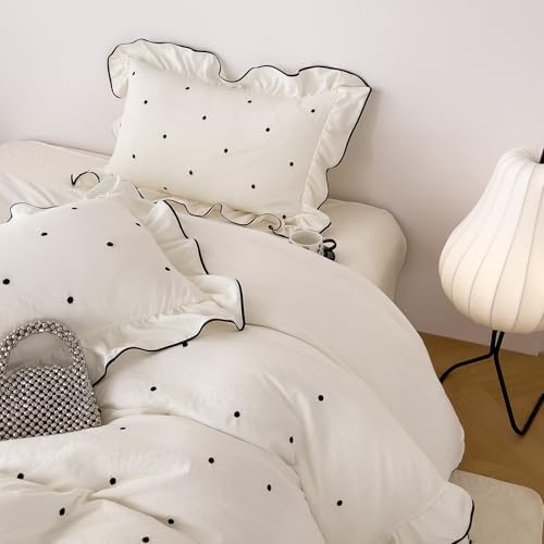 AOJIM Cottagecore Black Polka Dot Duvet Cover Queen Size, 3-Piece Vintage Ruffled Bedding Set - Soft Breathable Washed Microfiber Beige Comforter Cover & 2 Pillowcases for Kids & Adults, Easy Care
