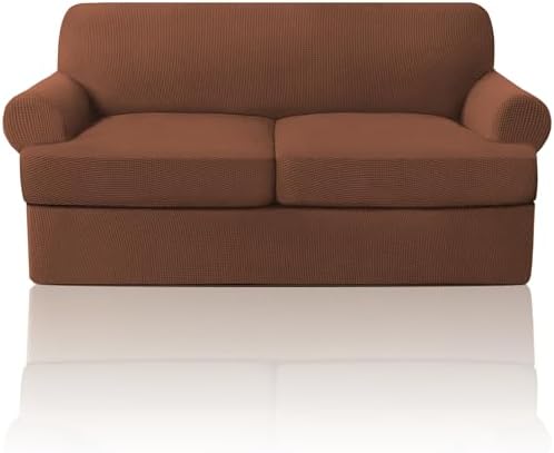 PrinceDeco T Cushion Sofa Slipcover 3 Pieces Sofa Covers for T Cushion Couch Soft Couch Covers Sofa Slip Cover Furniture Covers with 2 Individual T Shape Seat Covers (70"-88") Washable,Caramel