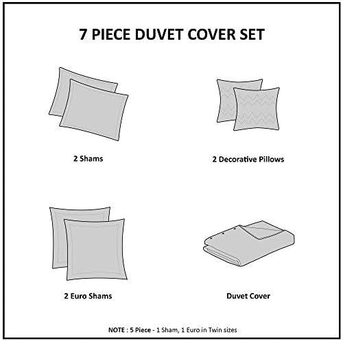 Intelligent Design Duvet Set 100% Cotton Jacquard, Tufts Accent, Shabby Chic All Season Cover for Comforter, Matching Shams, Decorative Pillows, King/California King (104 in x 92 in), Grey 7 Piece
