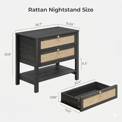 SICOTAS Rattan Nightstand Set of 2, Wide Boho Bedside Table with 2 Drawers