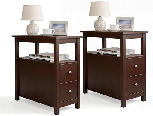SUPER DEAL End Table Set of 2, Slim Side Table with 2 Drawers and Storage Shelf, 3 Tier Sofa Couch Table for Living Room Bedroom Apartment Small Spaces, Espresso