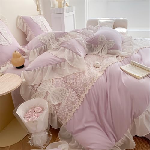 Duvet Cover Queen Size,Chic Lace 3 Pieces Comforter Cover with Bowknot Bow Tie (1 Duvet Cover 90x90 Inch, 2 Pillowcases) Soft Washed Microfiber Ruffled Bedding Set,Aesthetic bedding-Purple,Queen Size