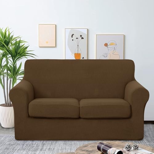 U-NICE HOME 3 Pieces Stretch Loveseat Couch Cover, Brown