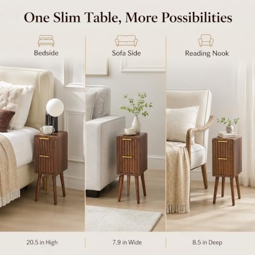 8 Inch Narrow Nightstand, 2 Drawers, 1 Pack