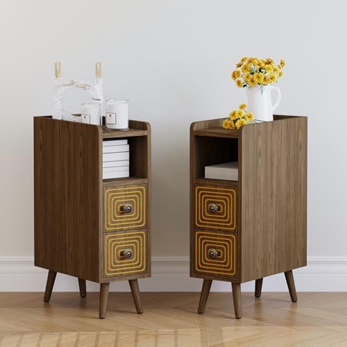 7.8" Narrow Nightstand Set of 2 with 2 Drawers & Open Storage,Walnut