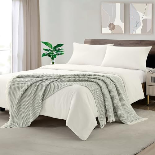 CREVENT Farmhouse Boho Knitted Throw Blanket for Couch Sofa Chair Bed Home Decoration, Soft Warm Cozy Light Weight for Spring Summer Fall (50''X60'' Waffle Green)