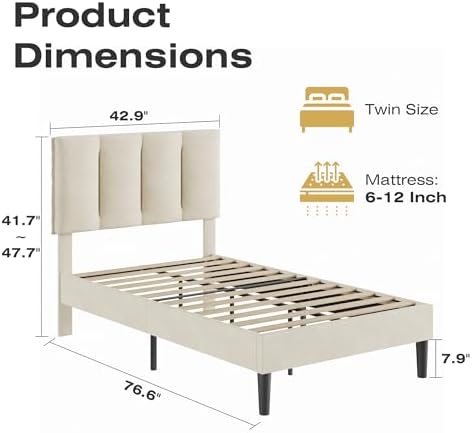 VECELO Twin Size Bed Frame with Upholstered Headboard, Pale Beige