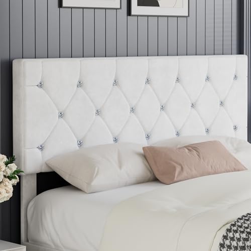 VECELO Full Size Bed Frame with Diamond Tufted Headboard, Upholstered Platform Bedframe with Wood Slat Support, No Box Spring Needed, Velvet & White
