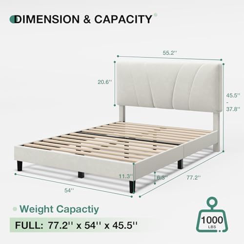 Novilla Full Size Bed Frame with Headboard, Full Bed Frame with Wooden Slats Support, Velvet Upholstered Headboard, No Box Spring Needed, Heavy Duty Feet, Easy Assembly, White Velvet
