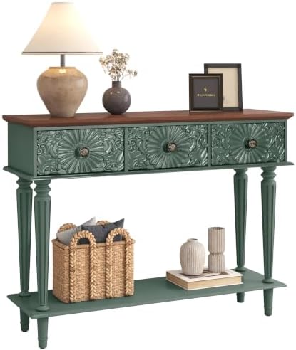 Vintage Console Table with 3 Embossed Floral Drawers for Entryway