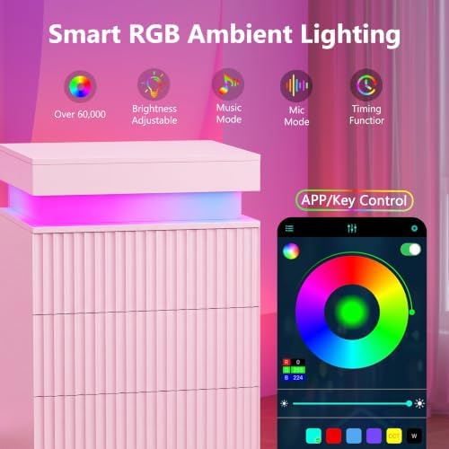 Nightstand Bedside Table with Charging Station & LED Lights, Pink