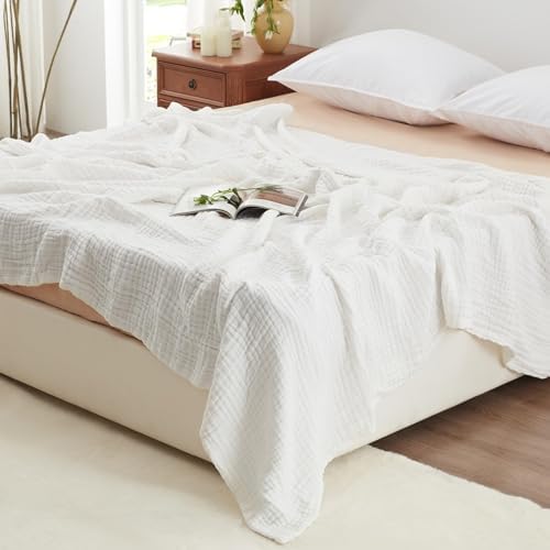 Love's cabin 100% Cotton Muslin Blanket Queen Size for Bed, White