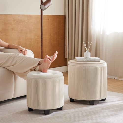BLEXA Big Round Ottoman with Storage Set of 2, Velvet Makeup Vanity Stool