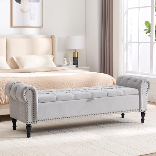 Storage Bed Bench for Bedroom, Chenille 67" End of Bed King Size Benches with Armrest, Tufted Button Upholstered Ottoman Bench for Living Room, Entryway, Silver Grey