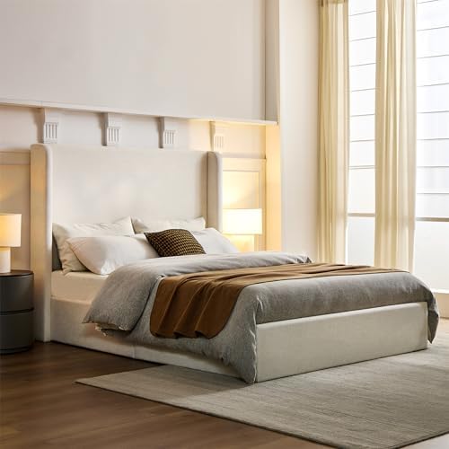 California King 52" Tall Headboard Carmen Wingback Upholstered Platform Bed Frame Premium Canvas Chenille Elegant Simplicity for Bedroom No Box Spring Needed Easy Assembly Textured Ivory