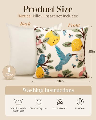 Embroidered Throw Pillow Cover 18x18 Inch, Bird Lemon