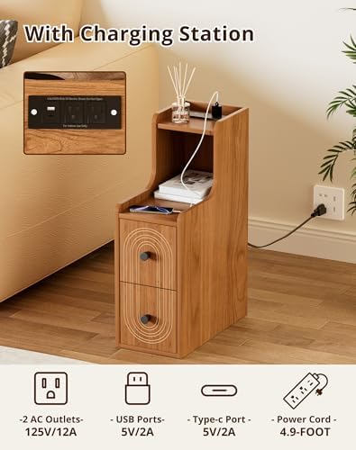 Set of 2 Narrow End Table with Charging Station, Walnut Skinny Bedside Tables with Storage Drawers, Small Side Tables for Small Spaces, Bedroom