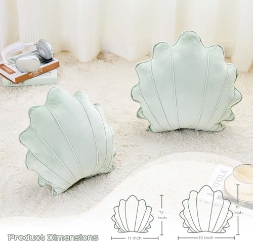 Uvvyui Shell Pillow Seashell Throw Pillow Shell Shaped Decorative Pillows Soft Velvet Sea Shells Pillow Aesthetic Home Decor Sea Ocean Beach Cushion Bed Pillow（Sage Green, 13x11 Inch）