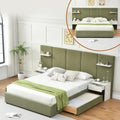 Queen Size Bed Frame with Storage & Built-in Nightstands & Drawers, Green