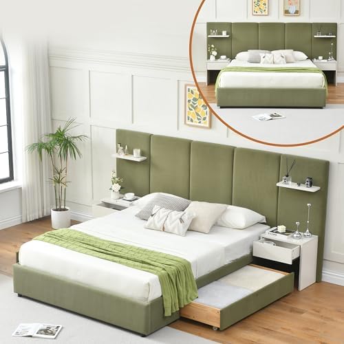 Queen Size Bed Frame with Storage & Built-in Nightstands & Drawers, Green