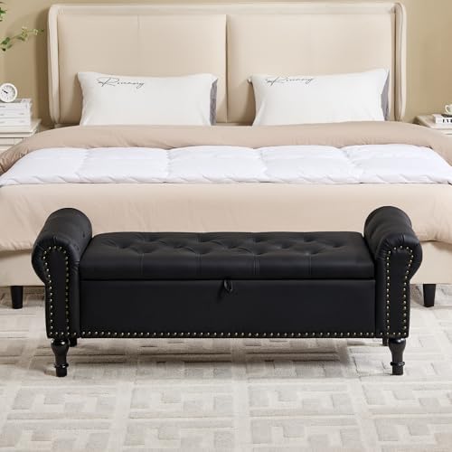 Storage Bench for Bedroom, 51" Upholstered End of Bed Bench, Faux Leather Queen Size Benches with Rolled Arms, Tufted Button Storage Long Ottoman, Living Room, Entryway, Obsidian Black