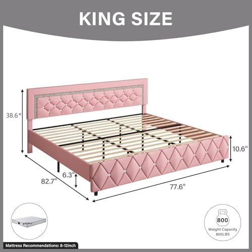 King Size Bed Frame, Faux Leather Upholstered Bed with Diamond Headboard